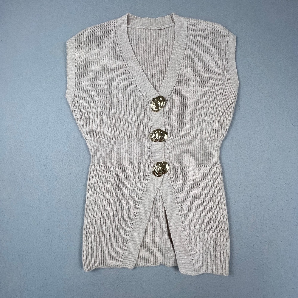 Ribbed Knit Sweater Vest Womens M Beige Gold Button Sleeveless Cardigan